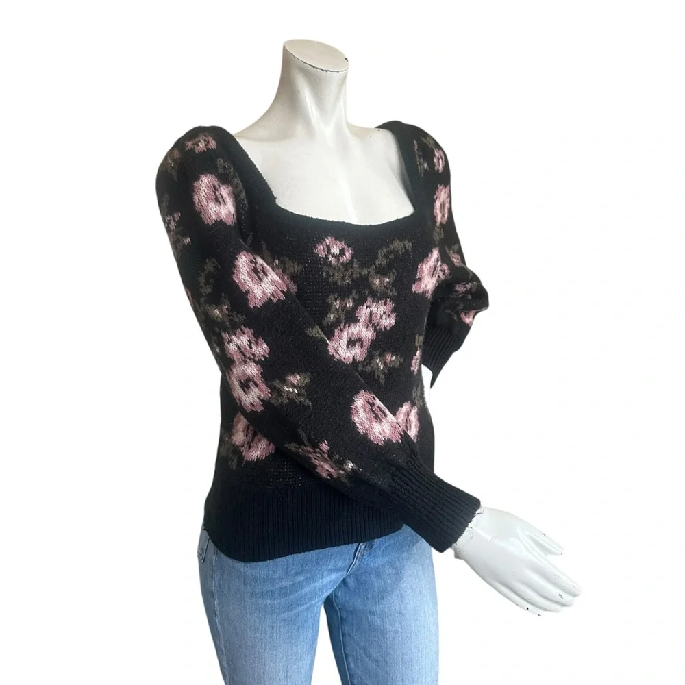 Anthropologie Black & Pink Floral Print Square Neck Fuzzy Puff Sleeve Sweater